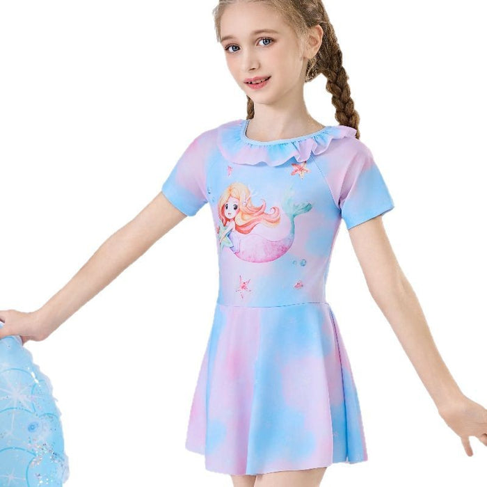 Wholesale Children's swimsuit new swimsuit, girls' cartoon swimsuit, sun protection quick drying medium and large children's short sleeved skirt one-piece swimsuit