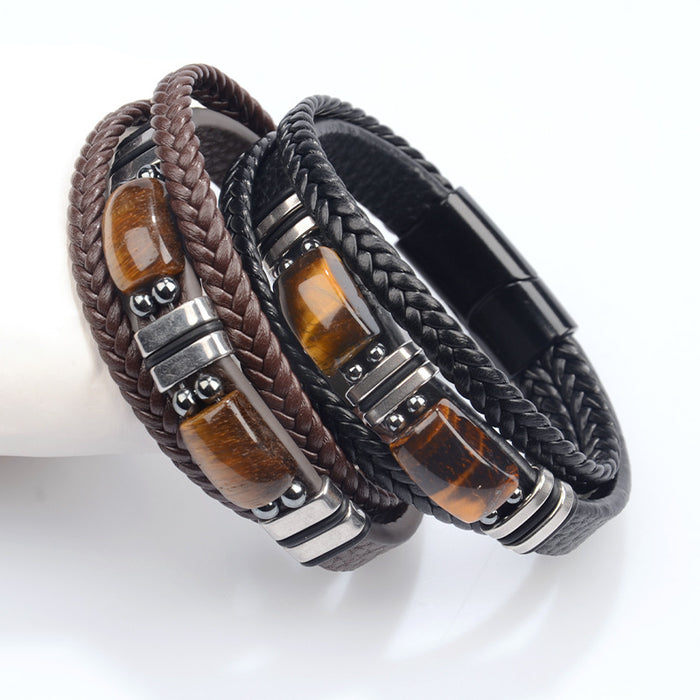 Wholesale tiger eye stone leather bracelet stainless steel bracelet multi-layer leather jewelry Amazon men' s bracelet