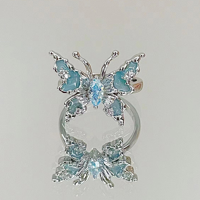 Wholesale Blue butterfly drop oil enamel open ring, niche design, personalized fashion, versatile