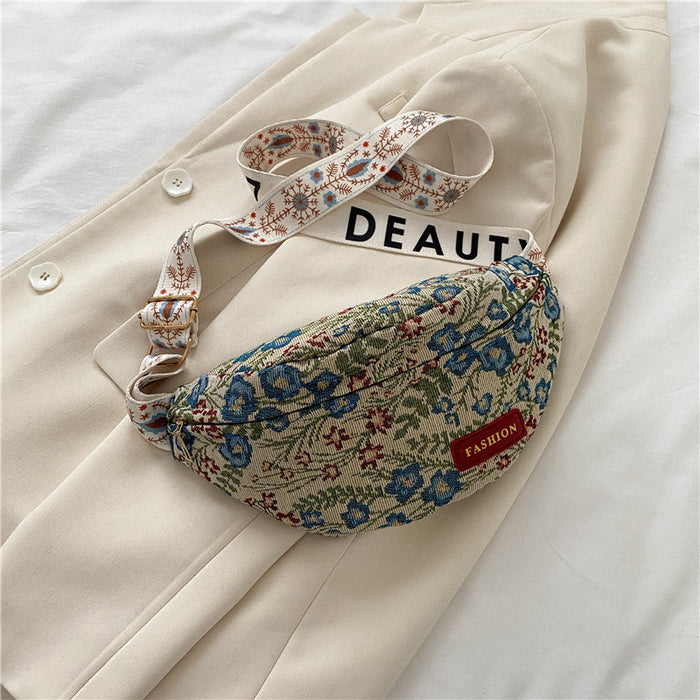 Wholesale Women's bag, fashionable canvas, niche retro broadband crossbody bag, chest bag, waist bag