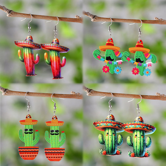 Wholesale Mexico Fifth Festival of the Dead Straw Hat Funny Cactus Pendant Earrings Wooden Double-sided Earrings