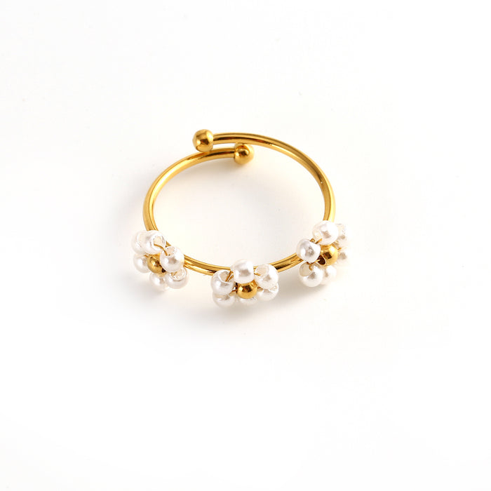 Wholesale Fashionable and minimalist stainless steel natural stone flower ring with niche design and three flower opening ring wholesale