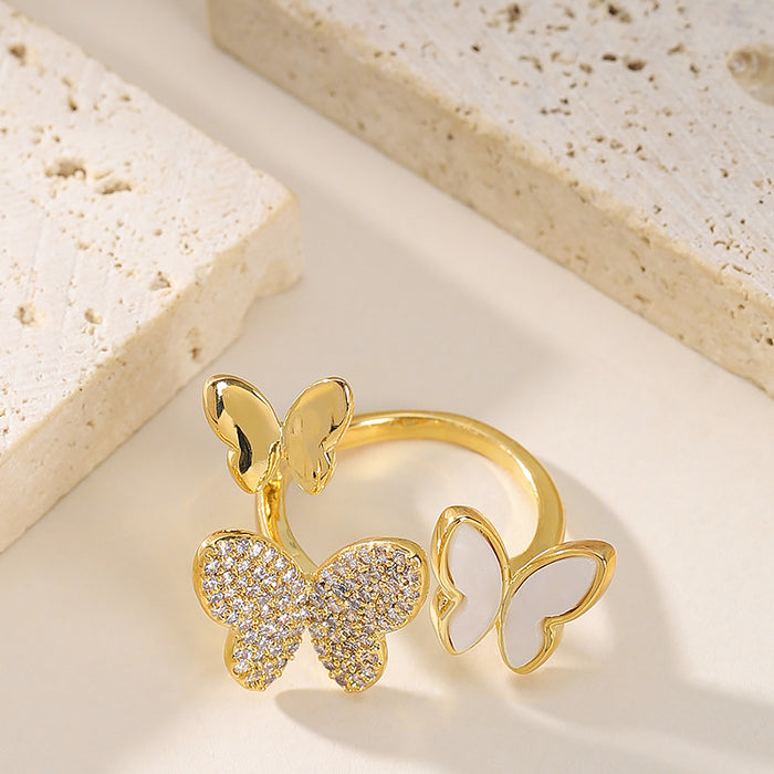 Wholesale Diamond-Encrusted Zircon Butterfly Open Ring Adjustable Finger Ring