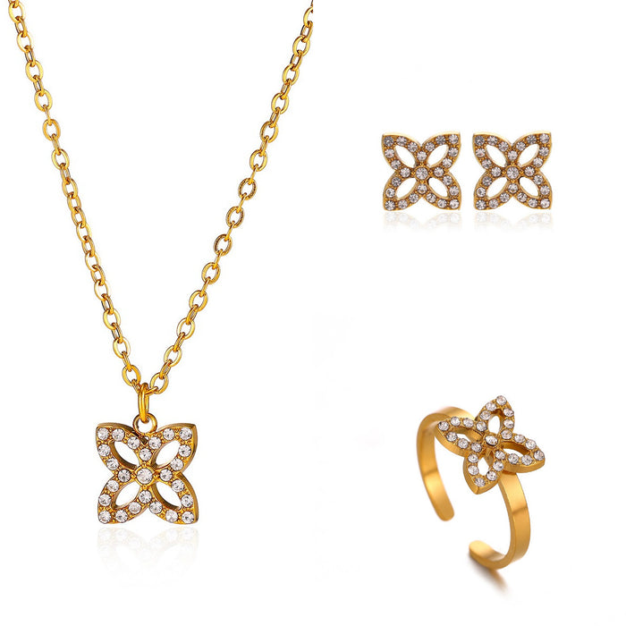 Wholesale Four-Leaf Clover Rhinestone Jewelry Set Stainless Steel Earring Necklace Ring Set