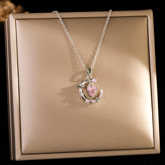 Wholesale Pink zircon silver titanium steel necklace