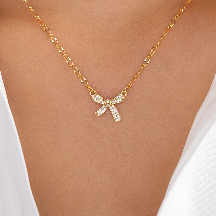 Wholesale Jewelry Fashion Alloy Diamond Pendant Simple and Versatile Bow Necklace