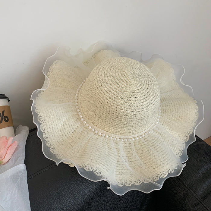 Wholesale Lace straw hat with large brim, outdoor UV resistant straw woven sun hat