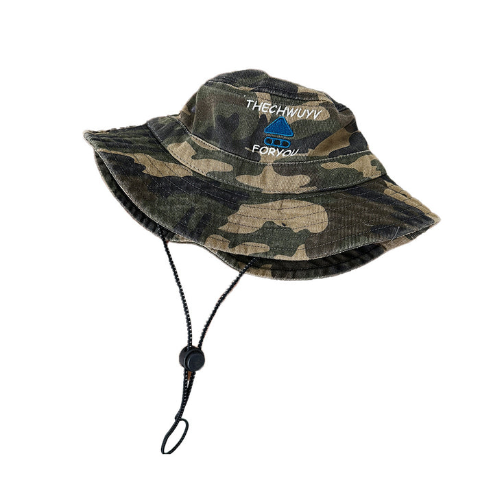 Wholesale Mountaineering fisherman hat, washed drawstring camouflage flat brimmed baseball hat, outdoor children's sunshade hat