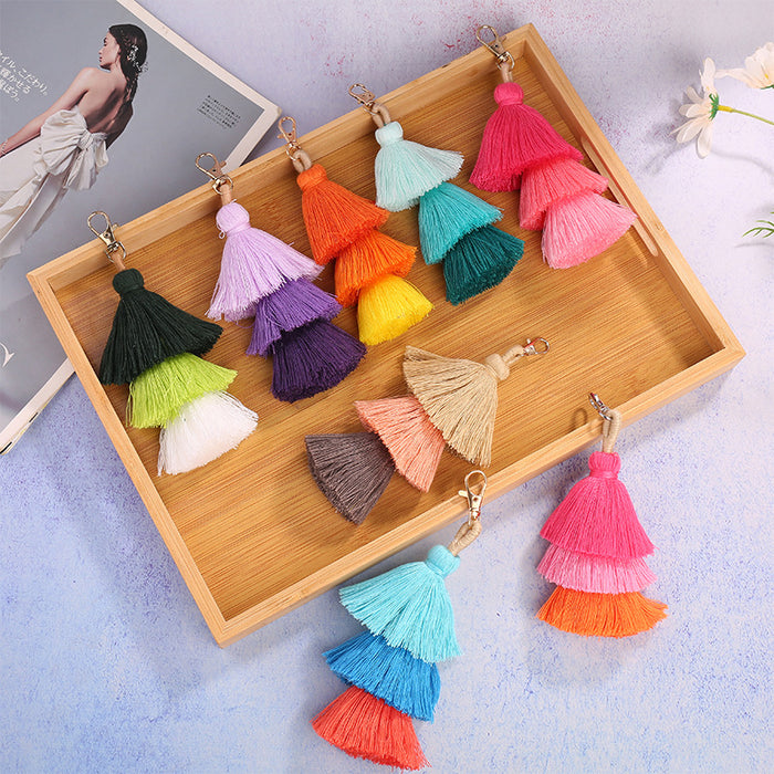 Wholesale handmade three-layer color tassel pendant National style bag accessories pendant Tassel Keychain pendant