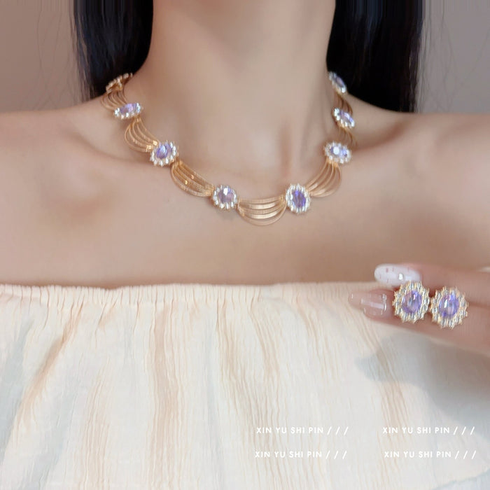 Wholesale Retro purple imitation diamond necklace earrings exaggerated personality collarbone chain