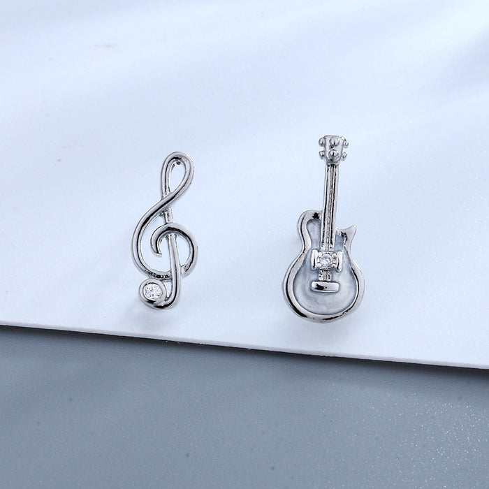 Wholesale Creative Cute Note Earrings Black Compact Single Diamond Asymmetric Violin Instrument Earrings