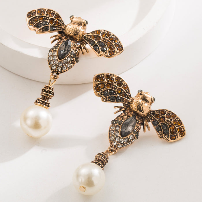 Wholesale Vintage Bee Pearl Drop Earrings Alloy Electroplated Fashion Jewelry Accessory