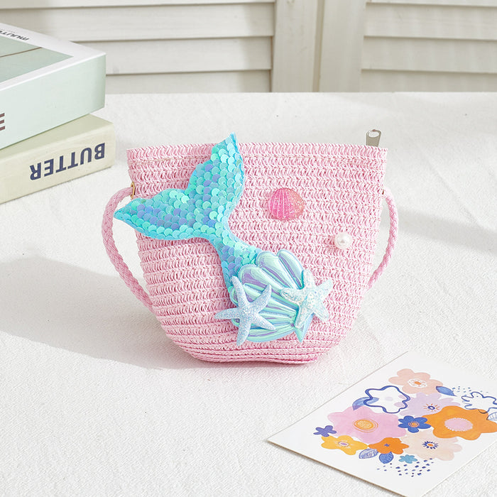 Wholesale Straw Mermaid Crossbody Bag for Girls Cute Summer Beach Purse Resale Gift