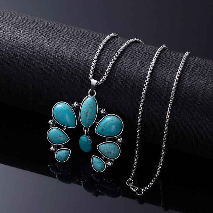 Wholesale Retro Western style natural turquoise necklace,  retro versatile titanium steel chain,  ethnic accessories