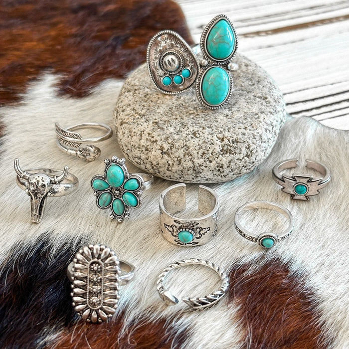 Wholesale Imitation turquoise ring set Creative bull head flower feather multi-element turquoise ring set
