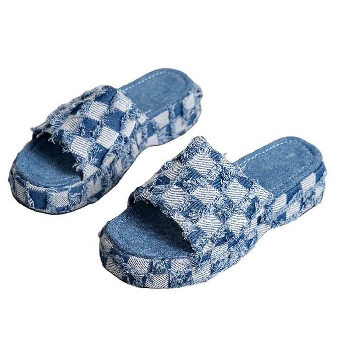 Wholesale Summer Thick-soled Denim Thick-soled Platform Slippers JDC-SP-Xinlan001