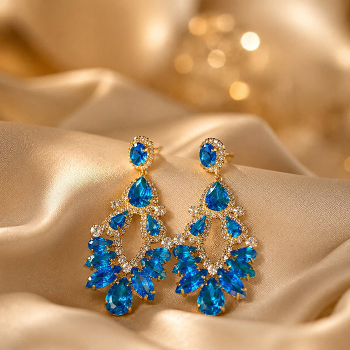 Wholesale Blue Geometric Drop Tassel Earrings Rhinestone Hollow Fashion Jewelry Accessory