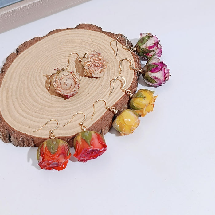 Wholesale Romantic and minimalist ear hooks, rose earrings, drip glue handmade, personalized and niche design, real flower ear accessories for women