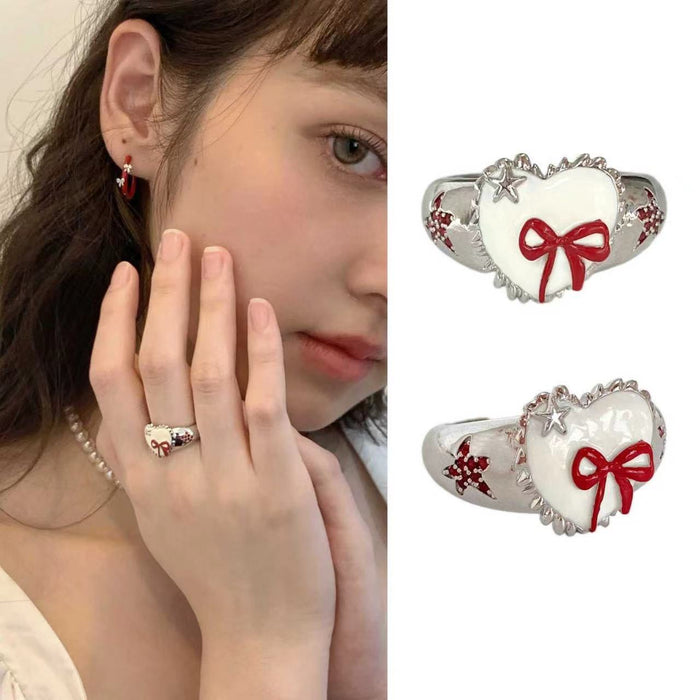 Wholesale Gentle temperament, cute red style, girlish vibe, bow, love, original design, ring