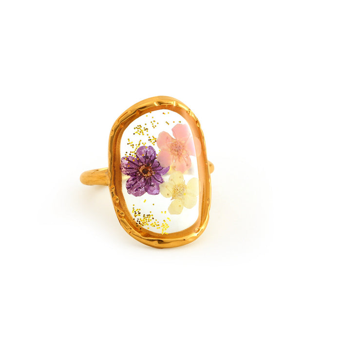 Wholesale Fashionable stainless steel dried flower ring with adjustable opening, retro style multi-color flower ring, color preservation wholesale