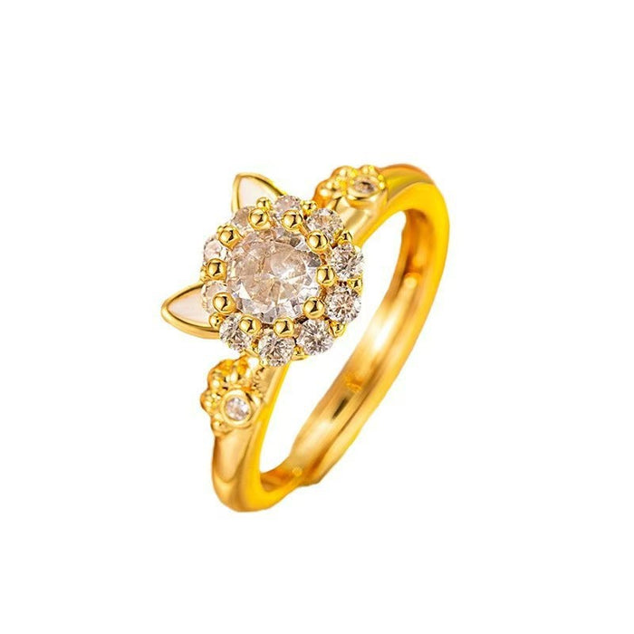 Wholesale Rotating cat ring with cute animal shape design and zircon lucky cat ring with adjustable opening