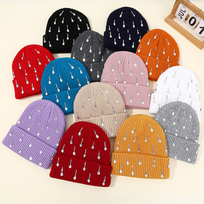 Wholesale Pearl sparkling diamond knitted hat,  double-layer outdoor warm woolen hat