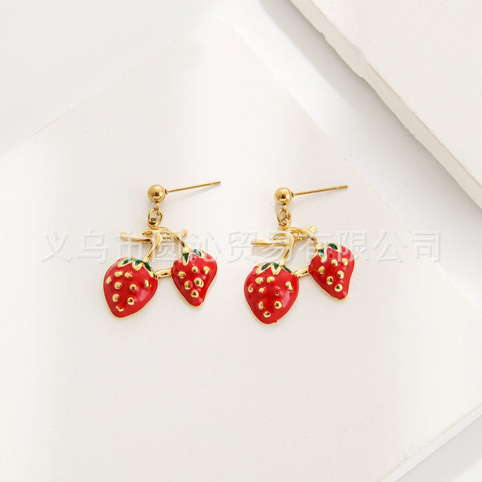 Wholesale Sweet fruit series strawberry cherry oil drop pendant stainless steel earrings necklace jewelry suit