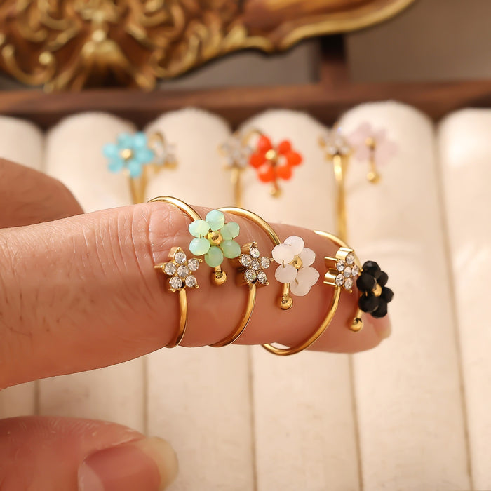 Wholesale Fashionable stainless steel natural stone flower zircon design light luxury high-end non fading open titanium steel ring