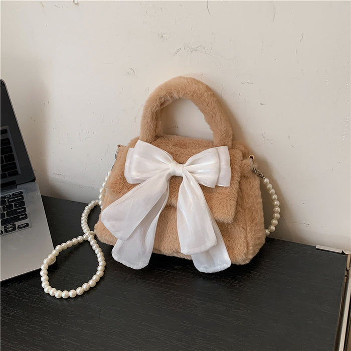 Wholesale Cute Bow New Plush Bag Commuting Plush Plush Pearl Handheld Single Shoulder Crossbody Bag