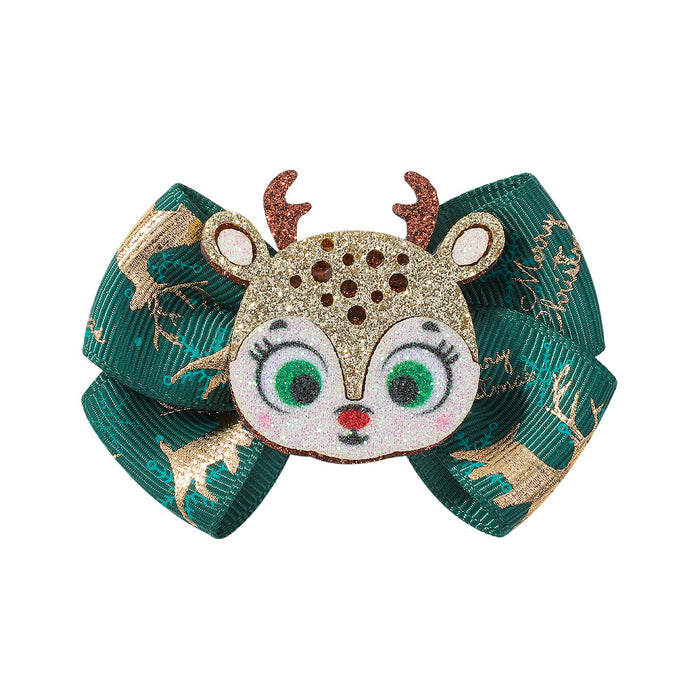 Wholesale Polyester Children's Printed Glitter Bow Christmas Elk Hairpin JDC-HC-Xiane012