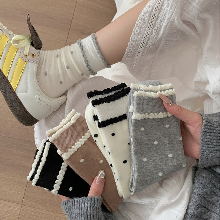 Wholesale Lace socks, mid tube socks, pure cotton retro polka dot long socks, pile socks