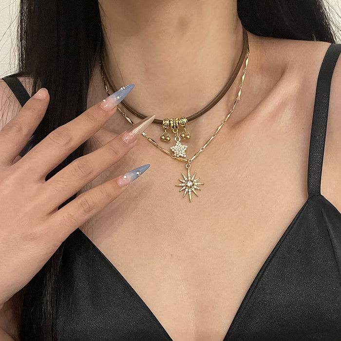 Wholesale Maillard sun star necklace for women, niche, light luxury, ins, cold style necklace, retro double-layered clavicle necklace