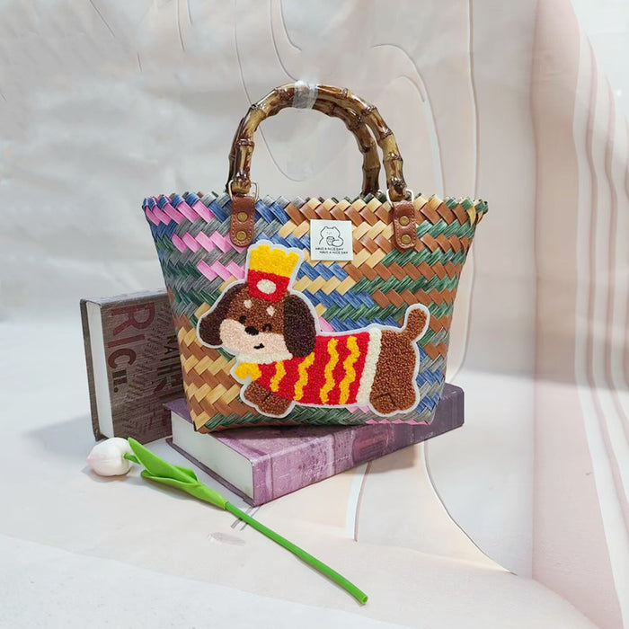 Wholesale Cute Cartoon Rags Woven Bag Imitation Straw Woven Bag Seaside Shoulder Handbag