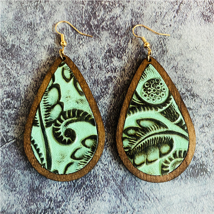 Wholesale Western leather earrings retro cow' s head Classic water droplets inlaid wooden earrings jewelry