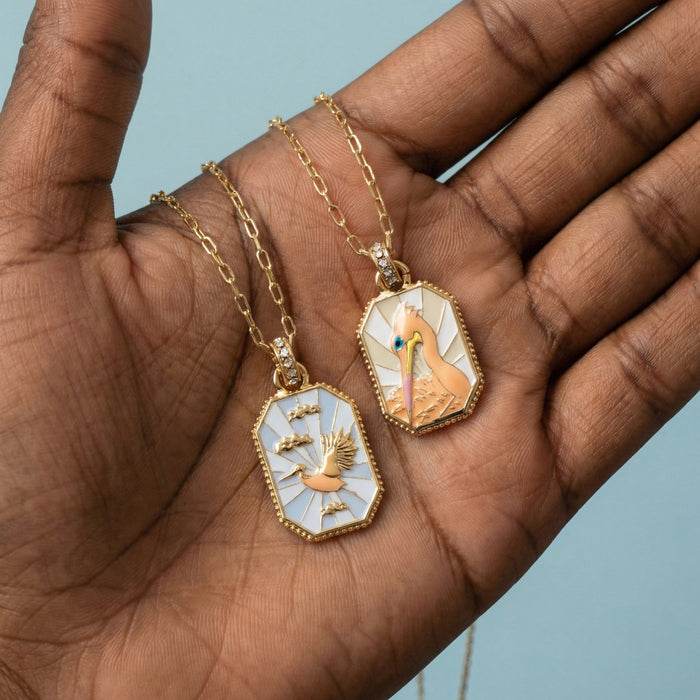 Wholesale Crane necklace with painted octagonal pendant necklace