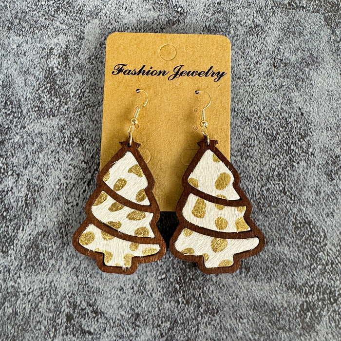 Wholesale Christmas tree leopard print horse hair earrings wood inlaid cowhide light western holiday gift