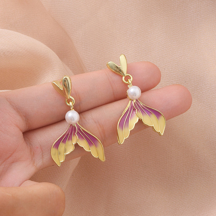 Wholesale Silver needle  oil gradient purple fishtail love pearl earrings