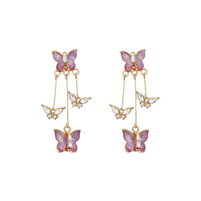 Wholesale Silver needle purple butterfly tassel earrings with a light luxury and high-end feel, sparkling diamond long earrings, retro temperament earrings