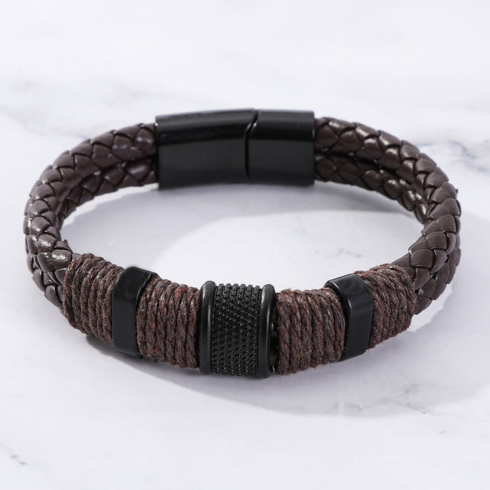 Wholesale Hand string double-layer retro alloy cowhide woven bracelet, fashionable men's leather magnetic buckle bracelet