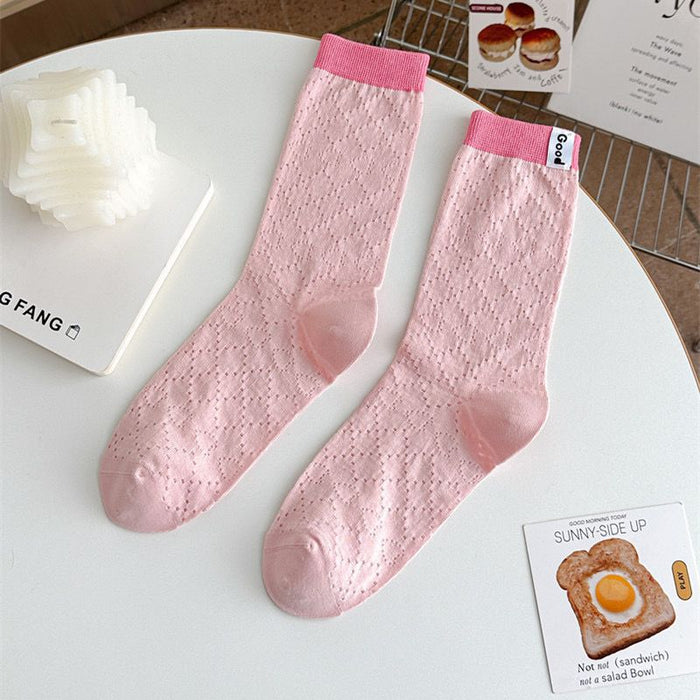 Wholesale Color blocked socks with hollowed out mesh and breathable lettering fabric label, colored midsole socks