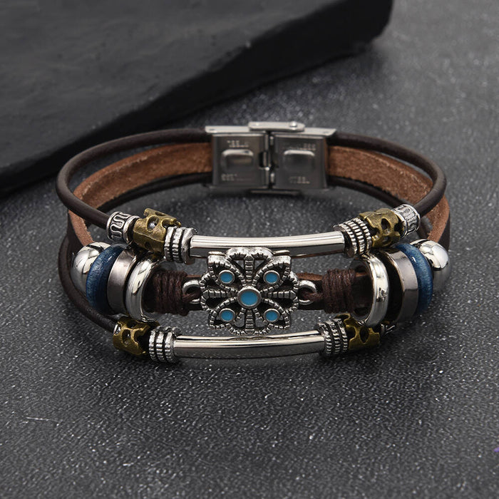 Wholesale Lace multi-layer leather stainless steel bracelet for couples