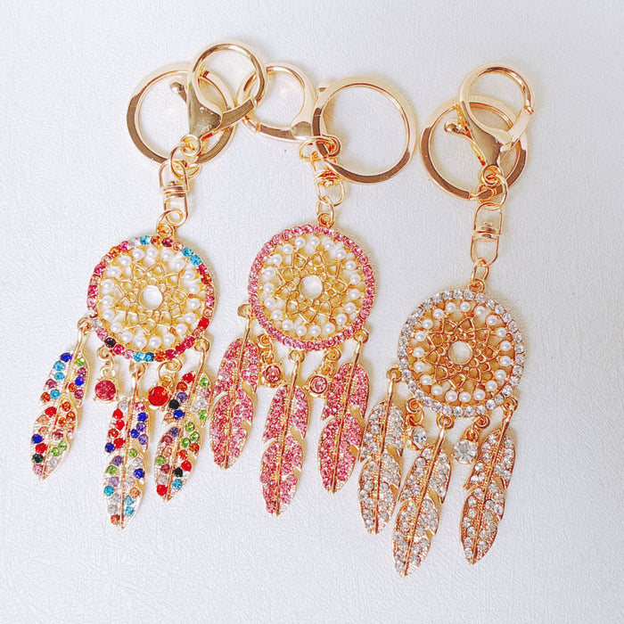 Wholesale Pink Dream Catcher Keychain Rhinestone Tassel Feather Zinc Alloy Chic Gift MOQ≥12