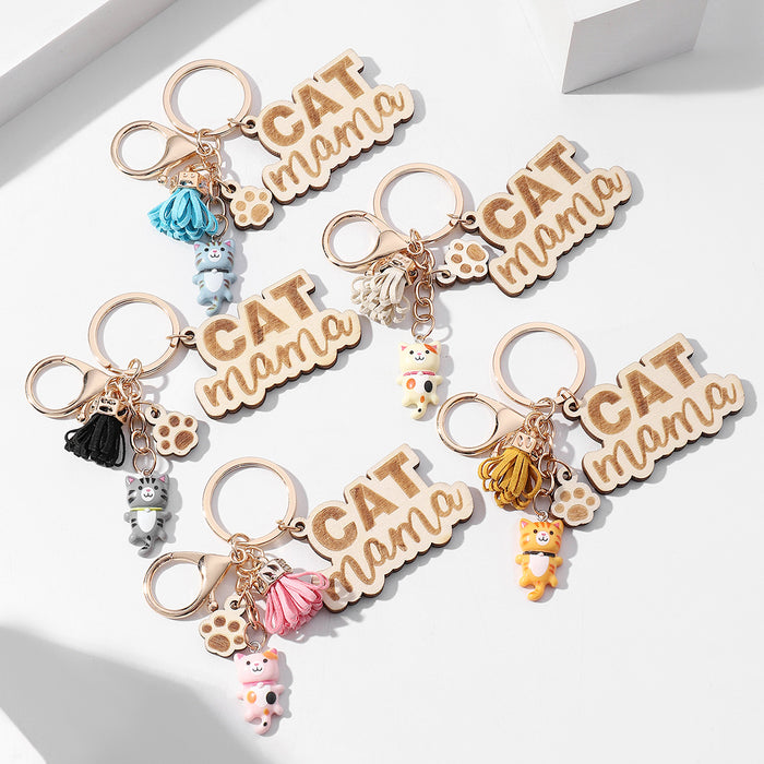 Wholesale CAT MAMA Mother's Day Tassel Wood Keychain JDC-KC-RongRui016