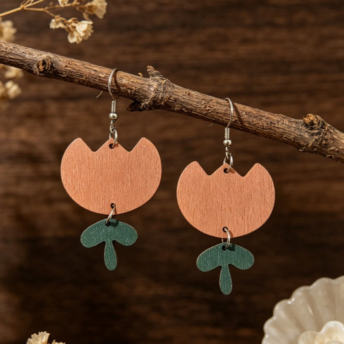 Wholesale Forest Style Orange Pink Tulip Wooden Earrings Double Layer Flower Design