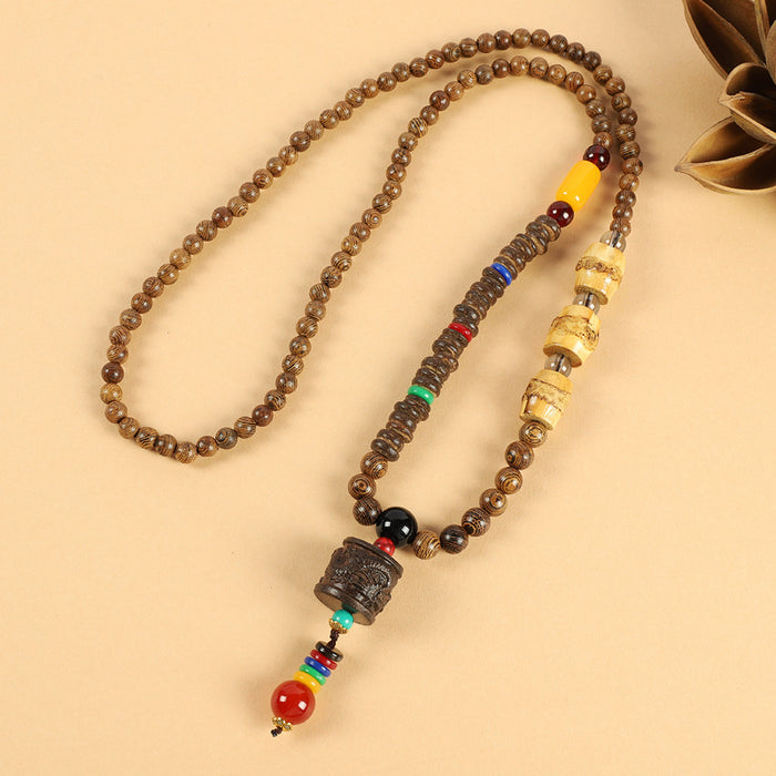 Wholesale Long Cotton and Linen Accessories Wooden Pendant Buddhist Beads Necklace JDC-NE-Luox003