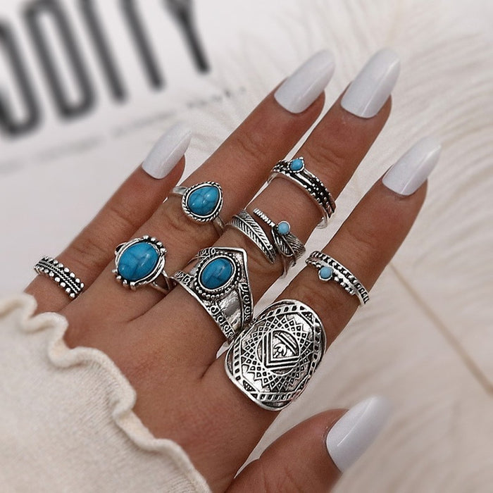 Wholesale Ethnic Style Retro Turquoise Carved Feather Ring Fashionable and Personalized 8-Piece Combination Ring Set