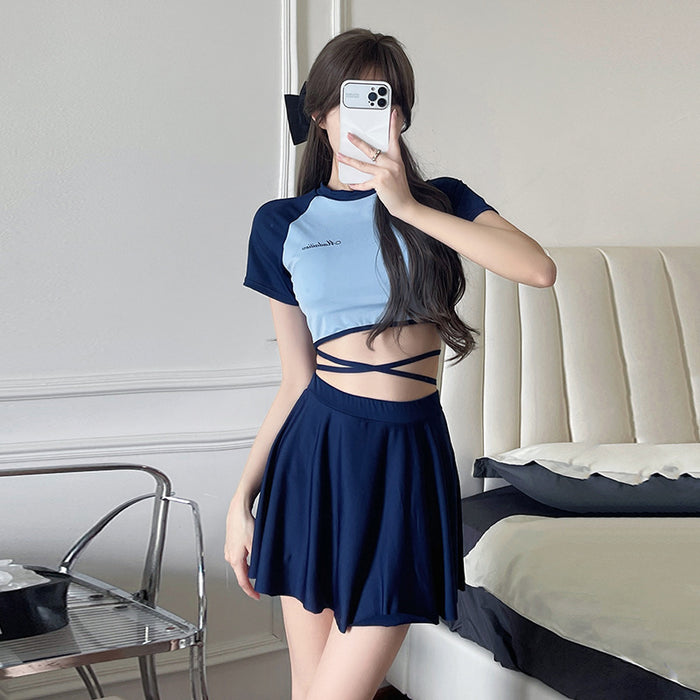 Wholesale Women's two-piece swimsuit set with color blocked short sleeves