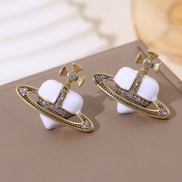 Wholesale Three-color oil-drop heart Saturn micro-inlaid zircon earrings