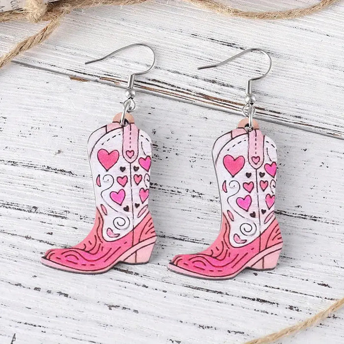 Wholesale Western style pink heart flower leaf double-sided pattern cowboy boots wooden earrings fashion gift