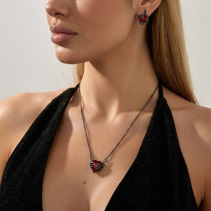 Wholesale Vintage Ghost Hand Heart Alloy Rhinestone Earring Necklace Set Boutique Resale